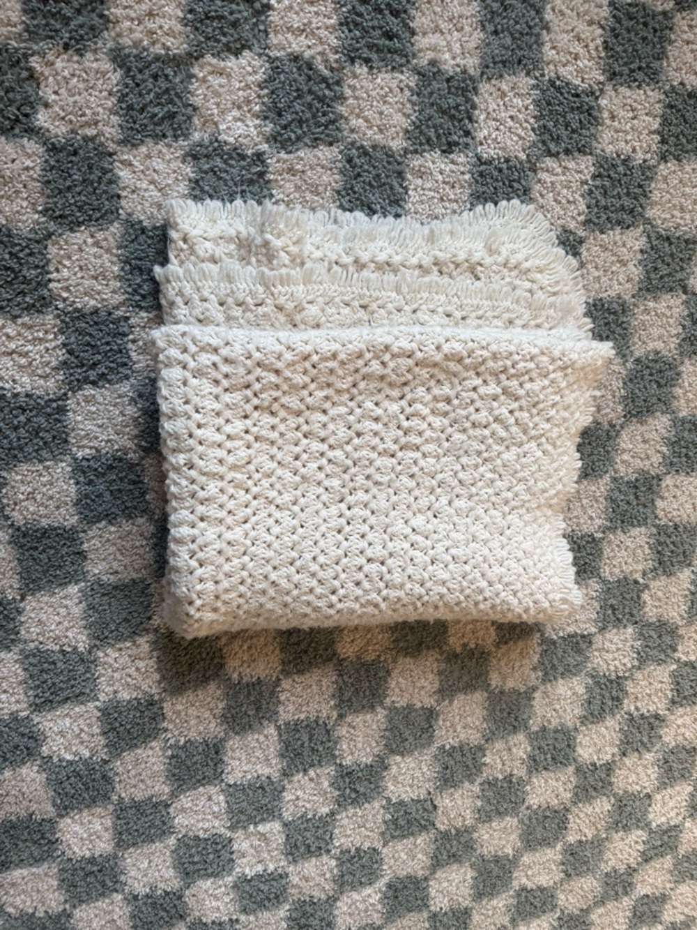 VTG Handmade Afghan Knit Cozy Cream Beige Crochet Throw Blanket  White